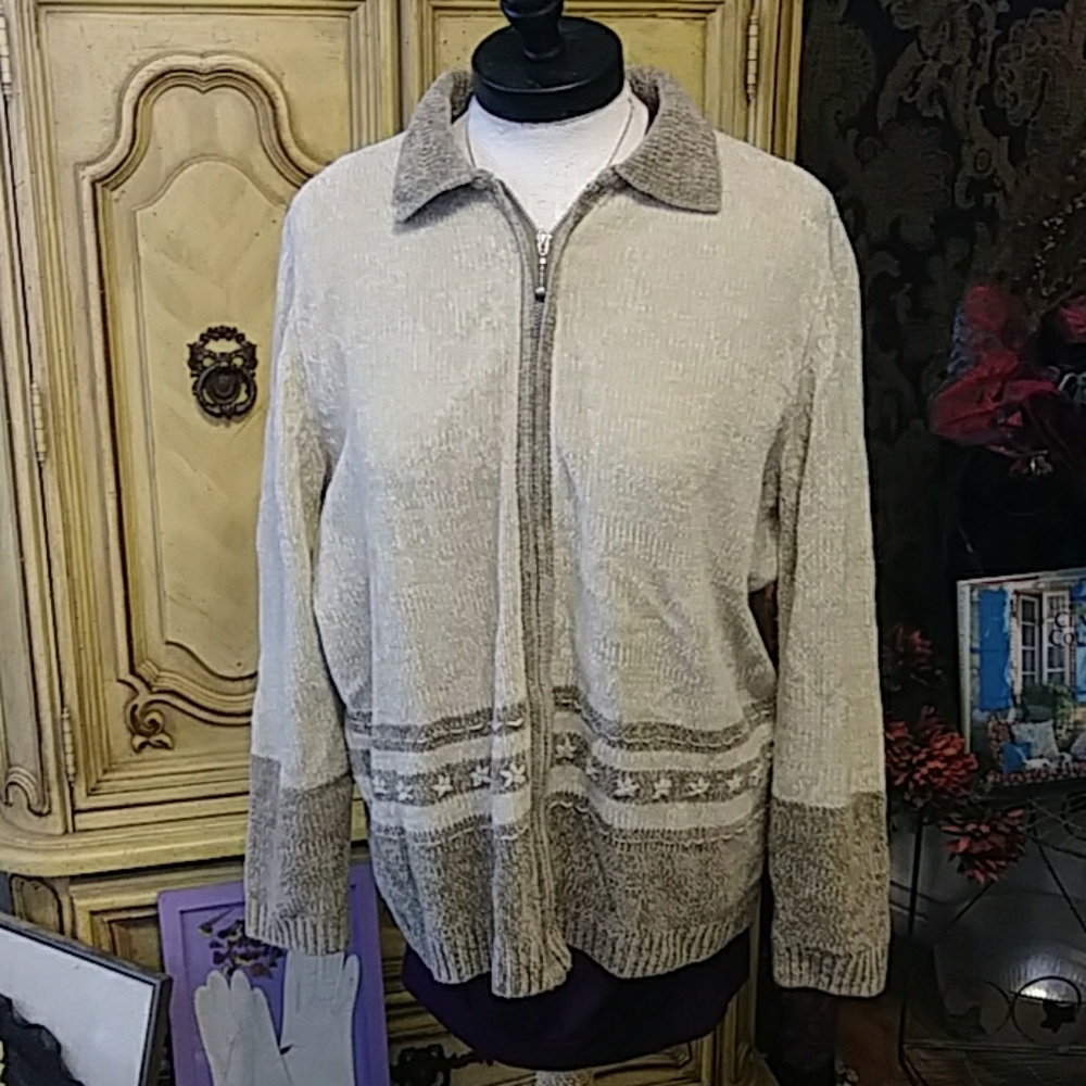 Womens soft knit Sweater Jacket ALFRED DUNNER Sz m zip up Tan Cream Neutrals